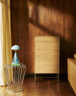 Yinka Half Log 5 Drawer Chest Oak Effect £599 & Yinka Trumpet Steel Side Table Chrome £99 & Yinka Bell LED Lamp £65