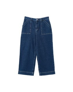 Mid Blue Denim Scalloped Pocket Cropped Wide Leg Jeans