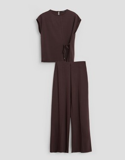 Relaxed Fit Tie Top & Wide Leg Trousers Set in Chocolate Brown