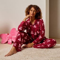 OHS Pink Bow Button Through Pyjama Set - Burgundy