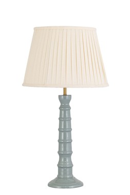 Blue enamel table lamp with neutral pleated shade