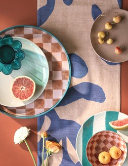 SS24 SUMMER RESORT - Table Runner &pound;15 / Everyday 12 Piece Dinner Set &pound;20 / Check Picnic Platter &pound;14 / Set of 4 Check Cereal Bowls &pound;15 / Set of 4 Stripe Dinner Plates &pound;15
